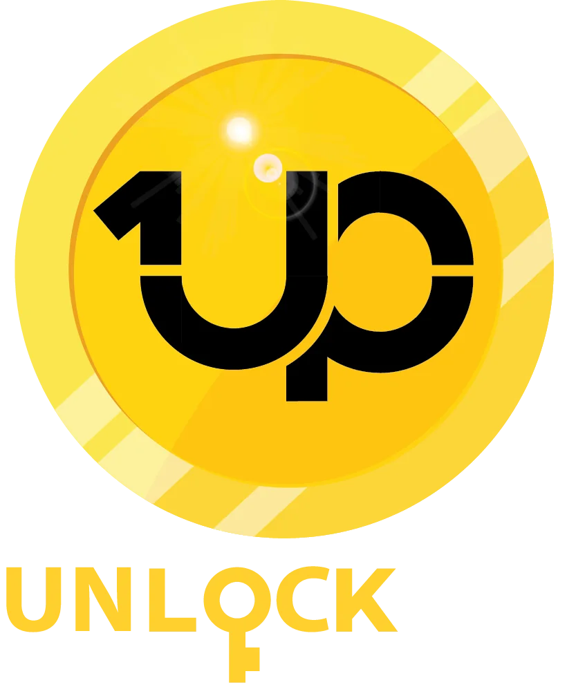 Gouden 1UP-munt met de tekst Unlocking Potential